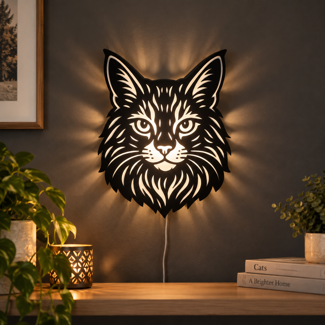 Katteansiktslamper, pyntefigurlamper, potelamper. Alt med lys.